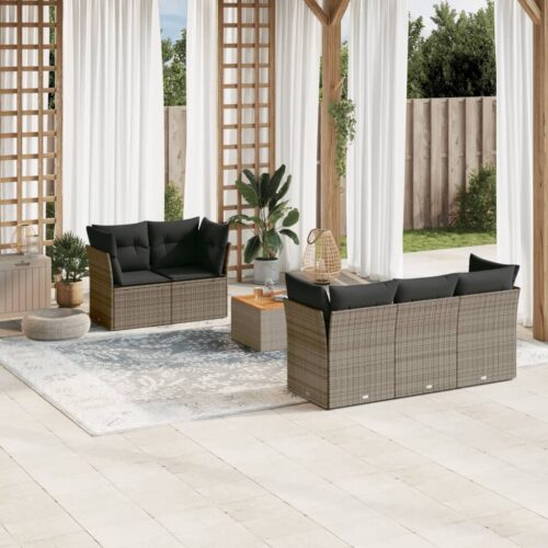 6-Piece Garden Sofa Set with Cushions Grey Poly Rattan Wicker Outdoor Patio Furniture - Image 2