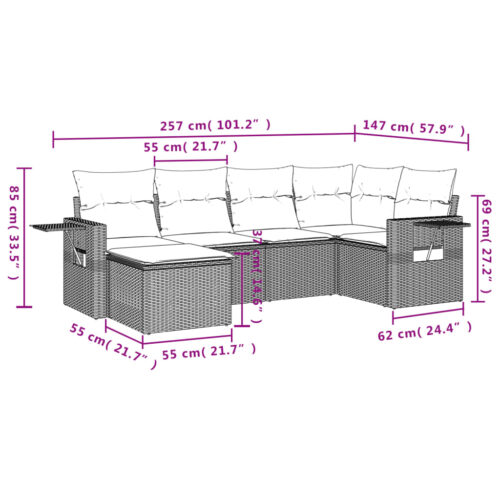 6-Piece Garden Sofa Set with Cushions Grey Poly Rattan Wicker Outdoor Patio Furniture - Image 3