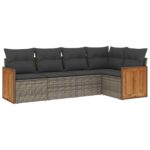 5-Piece Garden Sofa Set with Cushions Grey Poly Rattan Wicker Outdoor Patio Furniture