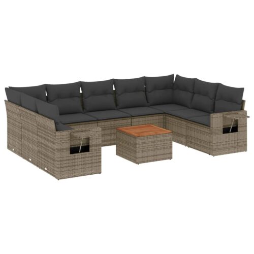 10-Piece Garden Sofa Set with Cushions Grey Poly Rattan Wicker Outdoor Patio Furniture