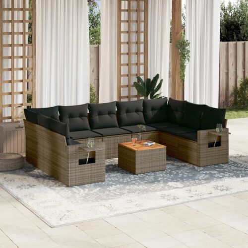 10-Piece Garden Sofa Set with Cushions Grey Poly Rattan Wicker Outdoor Patio Furniture - Image 2