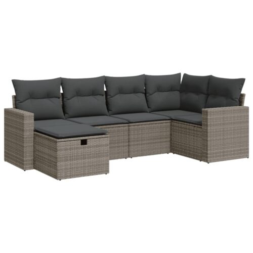 6-Piece Garden Sofa Set with Cushions Grey Poly Rattan Wicker Outdoor Patio Furniture