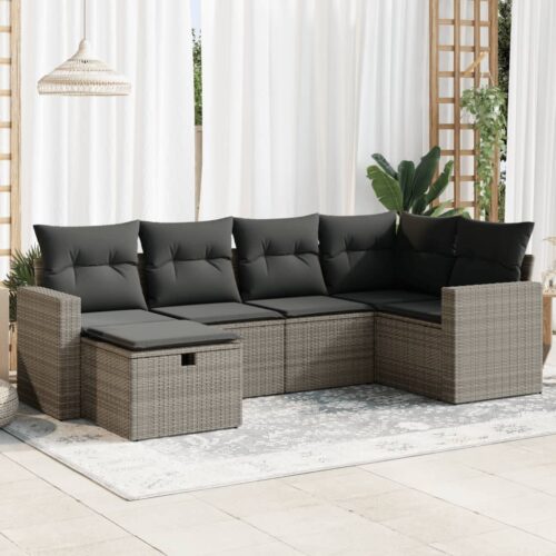 6-Piece Garden Sofa Set with Cushions Grey Poly Rattan Wicker Outdoor Patio Furniture - Image 2