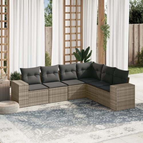 6-Piece Garden Sofa Set with Cushions Grey Poly Rattan Wicker Outdoor Patio Furniture - Image 2