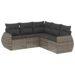 5-Piece Garden Sofa Set with Cushions Grey Poly Rattan Wicker Outdoor Patio Furniture