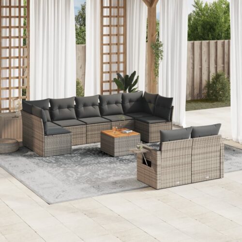 10-Piece Garden Sofa Set with Cushions Grey Poly Rattan Wicker Outdoor Patio Furniture - Image 2