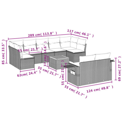 10-Piece Garden Sofa Set with Cushions Grey Poly Rattan Wicker Outdoor Patio Furniture - Image 3