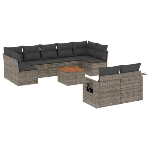 10-Piece Garden Sofa Set with Cushions Grey Poly Rattan Wicker Outdoor Patio Furniture - Image 5