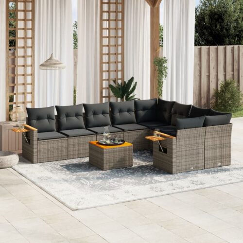 10-Piece Garden Sofa Set with Cushions Grey Poly Rattan Wicker Outdoor Patio Furniture - Image 2