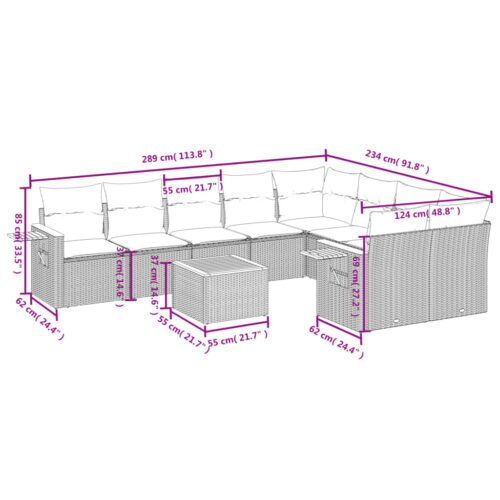 10-Piece Garden Sofa Set with Cushions Grey Poly Rattan Wicker Outdoor Patio Furniture - Image 3