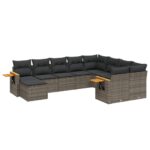 10-Piece Garden Sofa Set with Cushions Grey Poly Rattan Wicker Outdoor Patio Furniture