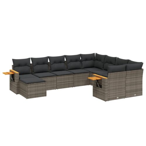 10-Piece Garden Sofa Set with Cushions Grey Poly Rattan Wicker Outdoor Patio Furniture