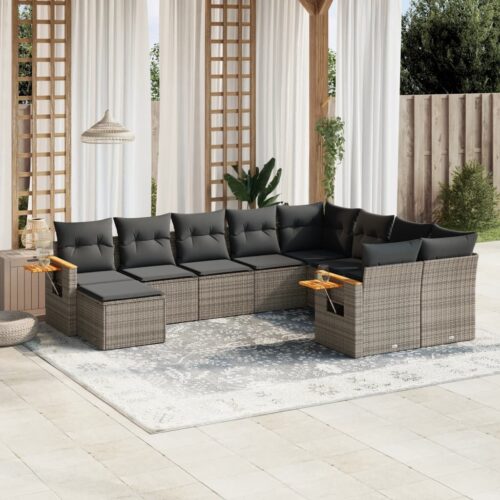 10-Piece Garden Sofa Set with Cushions Grey Poly Rattan Wicker Outdoor Patio Furniture - Image 2