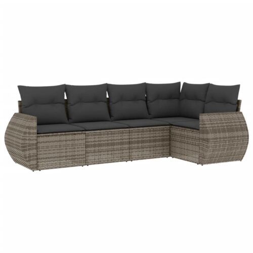 5-Piece Garden Sofa Set with Cushions Grey Poly Rattan Wicker Outdoor Patio Furniture