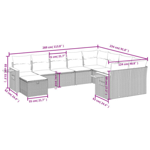 10-Piece Garden Sofa Set with Cushions Grey Poly Rattan Wicker Outdoor Patio Furniture - Image 3