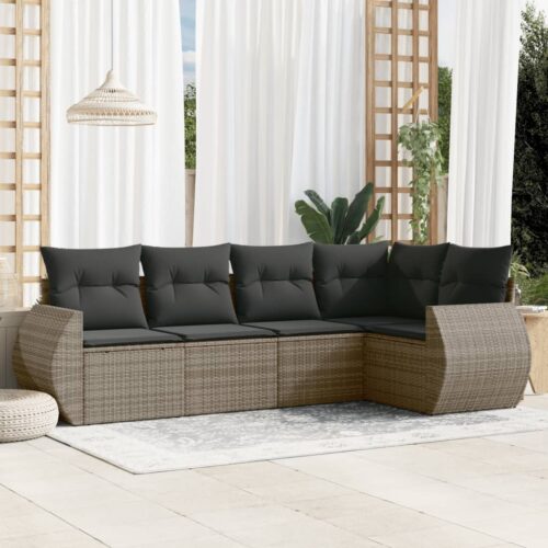 5-Piece Garden Sofa Set with Cushions Grey Poly Rattan Wicker Outdoor Patio Furniture - Image 2