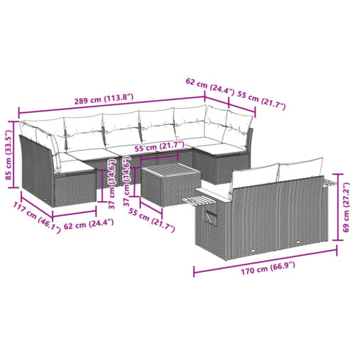 10-Piece Garden Sofa Set with Cushions Grey Poly Rattan Wicker Outdoor Patio Furniture - Image 3