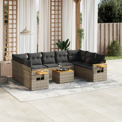 10-Piece Garden Sofa Set with Cushions Grey Poly Rattan Wicker Outdoor Patio Furniture - Image 2