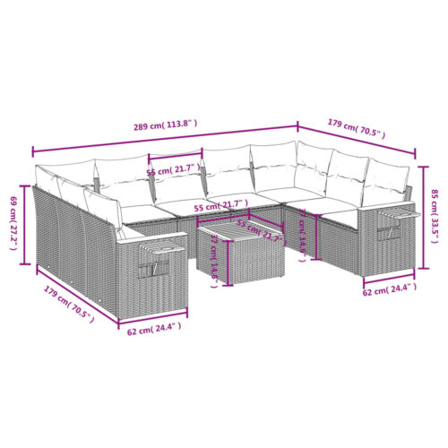 10-Piece Garden Sofa Set with Cushions Grey Poly Rattan Wicker Outdoor Patio Furniture - Image 3
