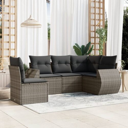 5-Piece Garden Sofa Set with Cushions Grey Poly Rattan Wicker Outdoor Patio Furniture - Image 2
