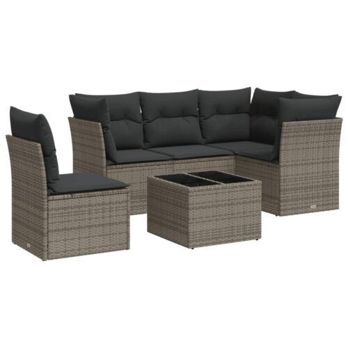 6-Piece Garden Sofa Set with Cushions Grey Poly Rattan Wicker Outdoor Patio Furniture