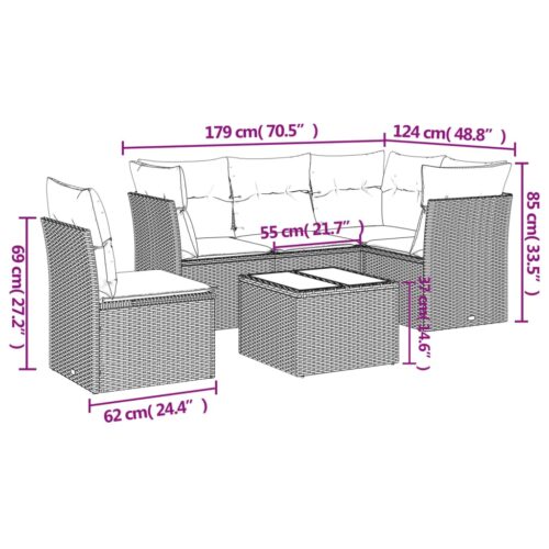 6-Piece Garden Sofa Set with Cushions Grey Poly Rattan Wicker Outdoor Patio Furniture - Image 3
