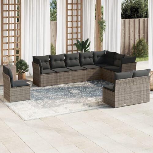 10-Piece Garden Sofa Set with Cushions Grey Poly Rattan Wicker Outdoor Patio Furniture - Image 2