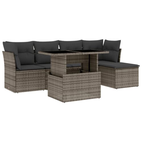 6-Piece Garden Sofa Set with Cushions Grey Poly Rattan Wicker Outdoor Patio Furniture