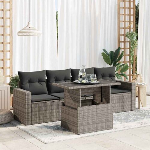 5-Piece Garden Sofa Set with Cushions Grey Poly Rattan Wicker Outdoor Patio Furniture - Image 2