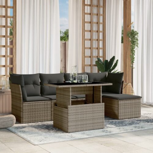 6-Piece Garden Sofa Set with Cushions Grey Poly Rattan Wicker Outdoor Patio Furniture - Image 2
