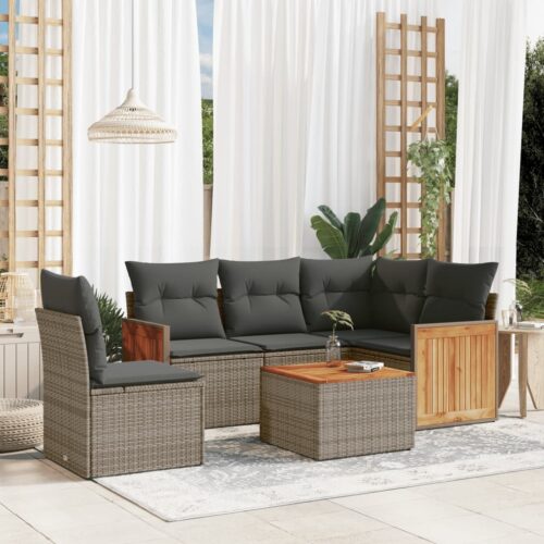 6-Piece Garden Sofa Set with Cushions Grey Poly Rattan Wicker Outdoor Patio Furniture - Image 2