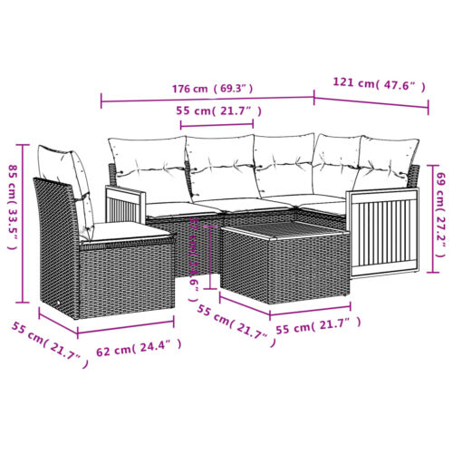 6-Piece Garden Sofa Set with Cushions Grey Poly Rattan Wicker Outdoor Patio Furniture - Image 3