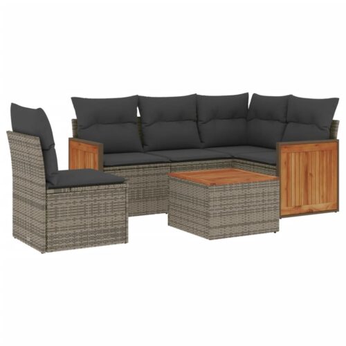 6-Piece Garden Sofa Set with Cushions Grey Poly Rattan Wicker Outdoor Patio Furniture - Image 5