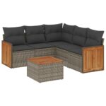 6-Piece Garden Sofa Set with Cushions Grey Poly Rattan Wicker Outdoor Patio Furniture
