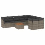 10-Piece Garden Sofa Set with Cushions Grey Poly Rattan Wicker Outdoor Patio Furniture