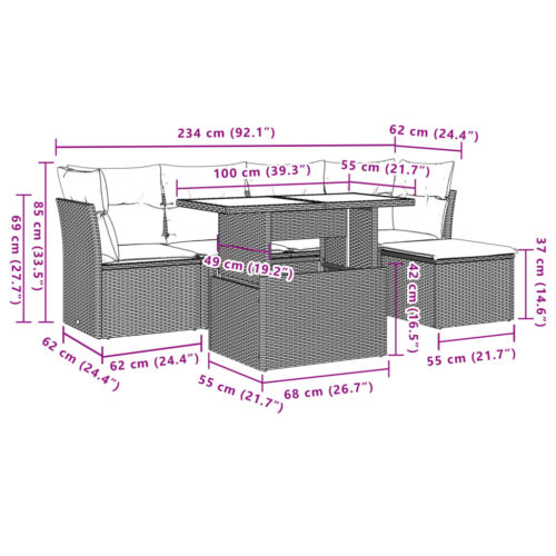 6-Piece Garden Sofa Set with Cushions Grey Poly Rattan Wicker Outdoor Patio Furniture - Image 10