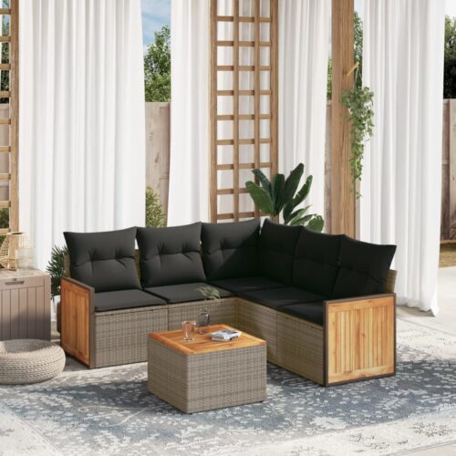 6-Piece Garden Sofa Set with Cushions Grey Poly Rattan Wicker Outdoor Patio Furniture - Image 2