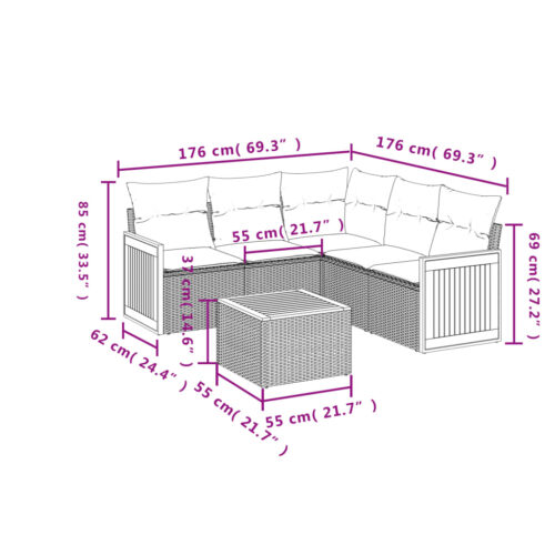 6-Piece Garden Sofa Set with Cushions Grey Poly Rattan Wicker Outdoor Patio Furniture - Image 3