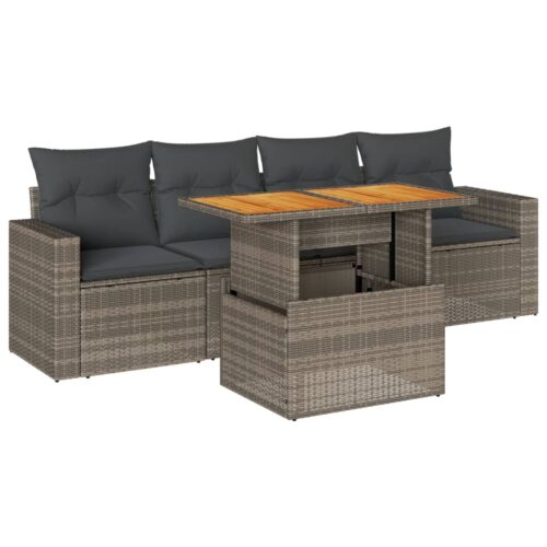 5-Piece Garden Sofa Set with Cushions Grey Poly Rattan Wicker Outdoor Patio Furniture