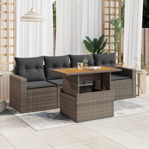 5-Piece Garden Sofa Set with Cushions Grey Poly Rattan Wicker Outdoor Patio Furniture - Image 2
