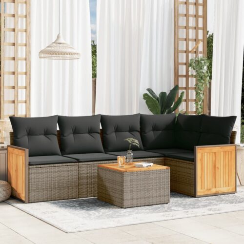 6-Piece Garden Sofa Set with Cushions Grey Poly Rattan Wicker Outdoor Patio Furniture - Image 2