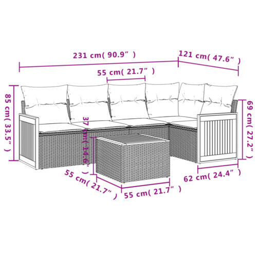 6-Piece Garden Sofa Set with Cushions Grey Poly Rattan Wicker Outdoor Patio Furniture - Image 3
