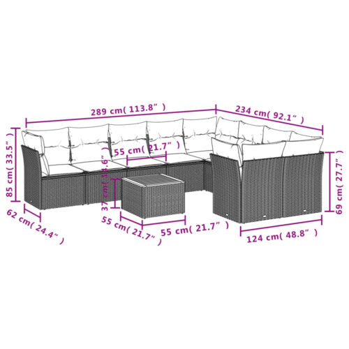 10-Piece Garden Sofa Set with Cushions Grey Poly Rattan Wicker Outdoor Patio Furniture - Image 10