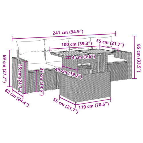 5-Piece Garden Sofa Set with Cushions Grey Poly Rattan Wicker Outdoor Patio Furniture - Image 12