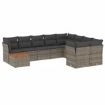 10-Piece Garden Sofa Set with Cushions Grey Poly Rattan Wicker Outdoor Patio Furniture