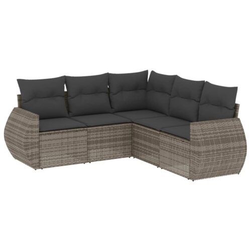 5-Piece Garden Sofa Set with Cushions Grey Poly Rattan Wicker Outdoor Patio Furniture