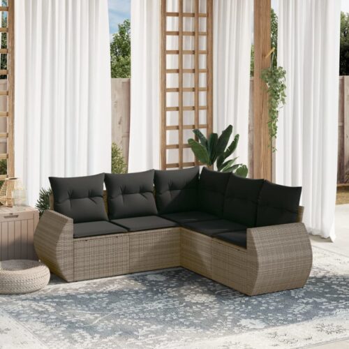 5-Piece Garden Sofa Set with Cushions Grey Poly Rattan Wicker Outdoor Patio Furniture - Image 2