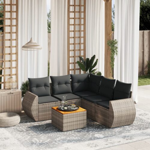 6-Piece Garden Sofa Set with Cushions Grey Poly Rattan Wicker Outdoor Patio Furniture - Image 2