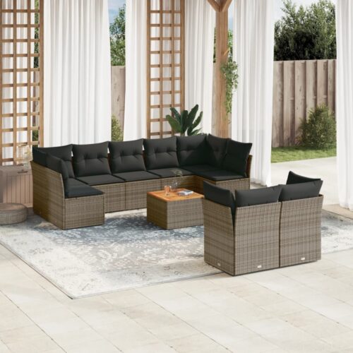 10-Piece Garden Sofa Set with Cushions Grey Poly Rattan Wicker Outdoor Patio Furniture - Image 2