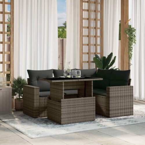 5-Piece Garden Sofa Set with Cushions Grey Poly Rattan Wicker Outdoor Patio Furniture - Image 2
